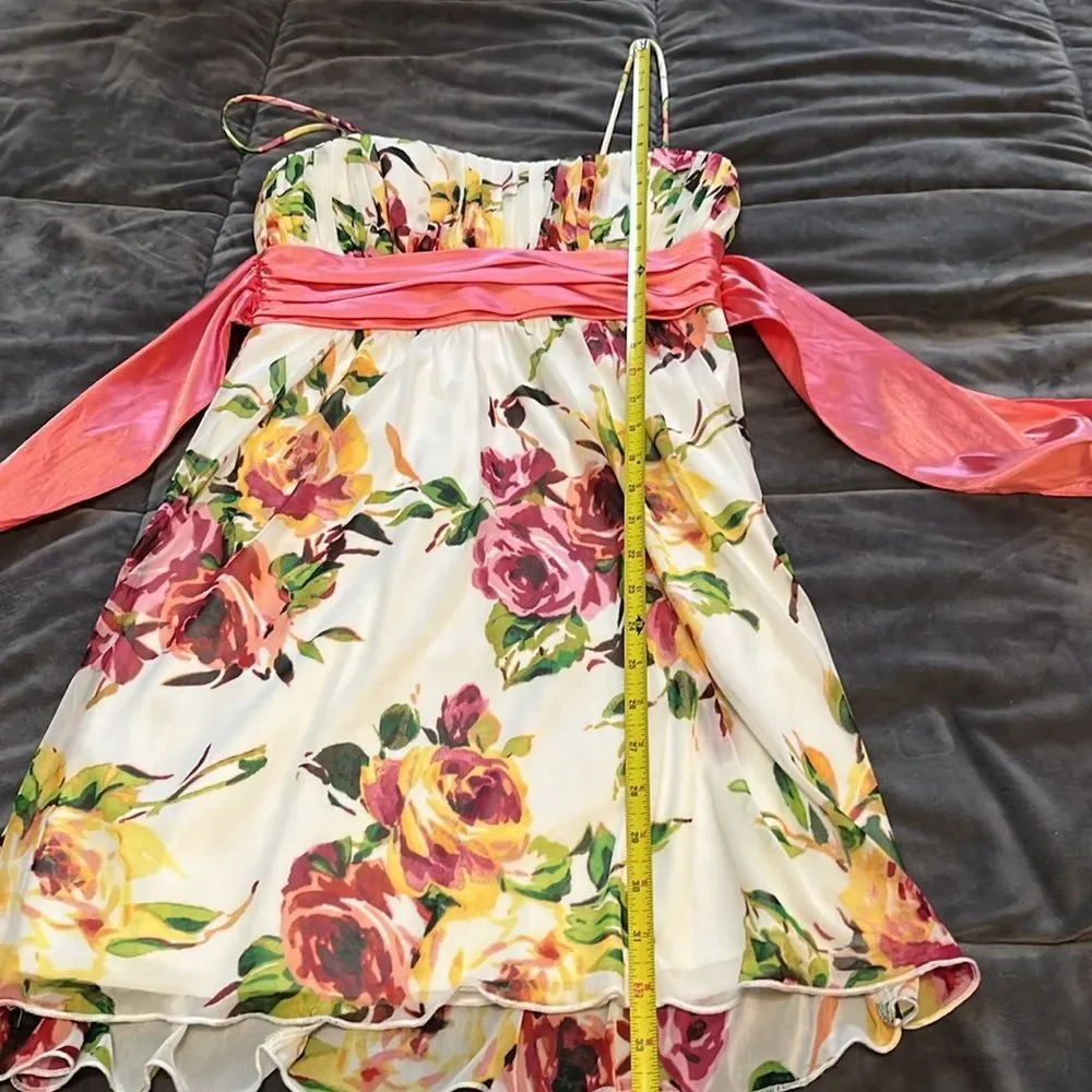 Floral Dress with Coral Sash Spaghetti Strap Spring Whimsy Fairy Formal Women S